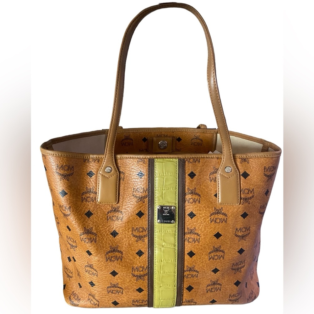 MCM Cognac Visetos Monogram Green Stripe Liz Shopper Tote